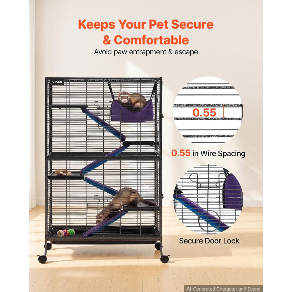 VEVOR Metal Small Animal Cage 50"H 5-Tier Rolling Ferret Cage On Wheels, 0.55" Wire Spacing Large Cages with Hammock, Ramps, Tray & Doors for Ferret, Chinchilla, Sugar Glider, Guinea Pig & Rabbit