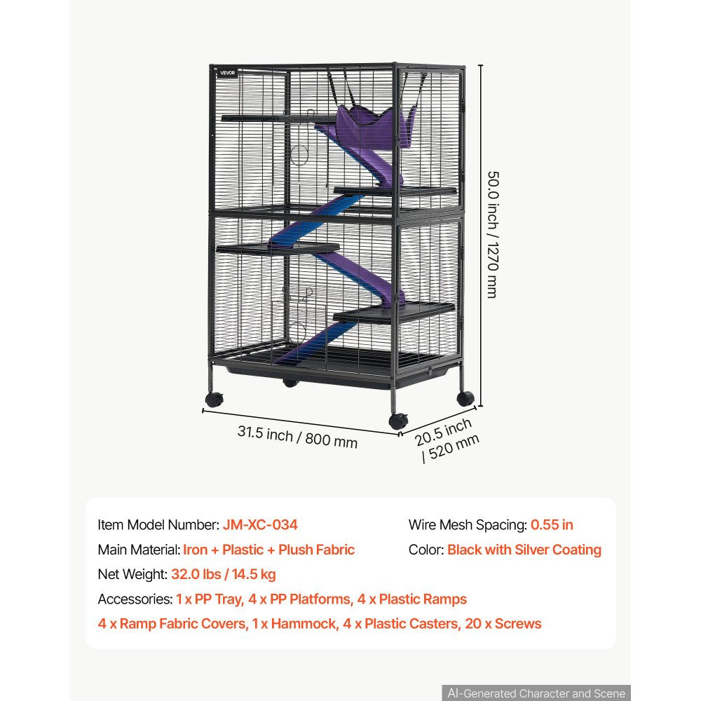 VEVOR Metal Small Animal Cage 50"H 5-Tier Rolling Ferret Cage On Wheels, 0.55" Wire Spacing Large Cages with Hammock, Ramps, Tray & Doors for Ferret, Chinchilla, Sugar Glider, Guinea Pig & Rabbit