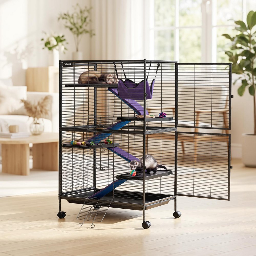 VEVOR Metal Small Animal Cage 50"H 5-Tier Rolling Ferret Cage On Wheels, 0.55" Wire Spacing Large Cages with Hammock, Ramps, Tray & Doors for Ferret, Chinchilla, Sugar Glider, Guinea Pig & Rabbit