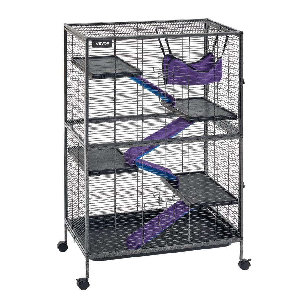 VEVOR Metal Small Animal Cage 50"H 5-Tier Rolling Ferret Cage On Wheels, 0.55" Wire Spacing Large Cages with Hammock, Ramps, Tray & Doors for Ferret, Chinchilla, Sugar Glider, Guinea Pig & Rabbit