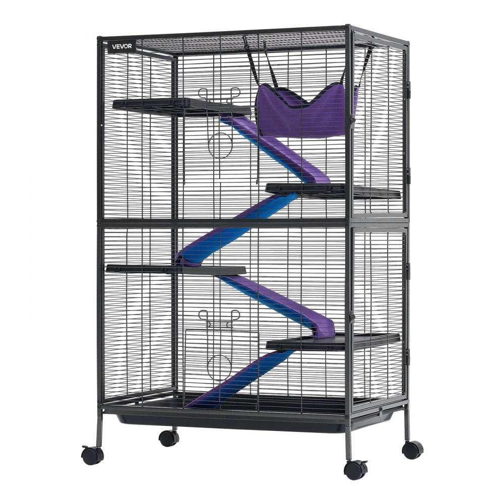 VEVOR Metal Small Animal Cage 50"H 5-Tier Rolling Ferret Cage On Wheels, 0.55" Wire Spacing Large Cages with Hammock, Ramps, Tray & Doors for Ferret, Chinchilla, Sugar Glider, Guinea Pig & Rabbit