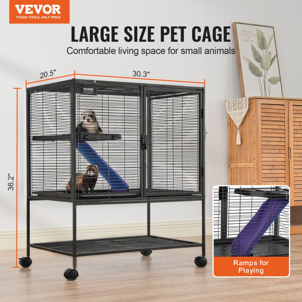VEVOR 36" Rolling Metal Ferret Cage, Large 2-Tier Cage, Small Animal Cage with Ramps & Tray, Easy to Set up for Pet Rats, Hamster, Guinea Pig, Chinchilla, Squirrel, Hedgehogs, Bunny