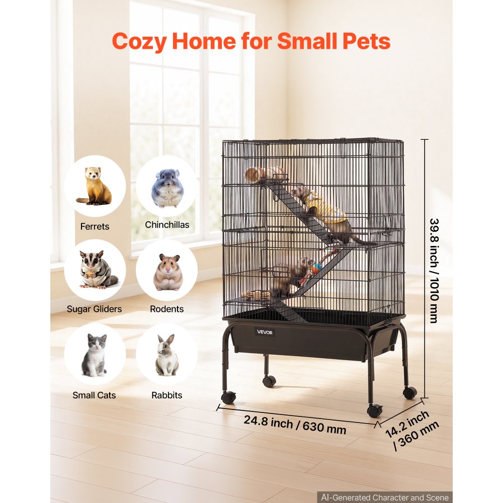 VEVOR Metal Small Animal Cage 39.8"H 3-Tier Rolling Ferret Cage On Wheels, 0.55" Wire Spacing Large Cages with Hammock, Ramps, Tray & Doors for Ferret, Chinchilla, Sugar Glider, Guinea Pig & Rabbit