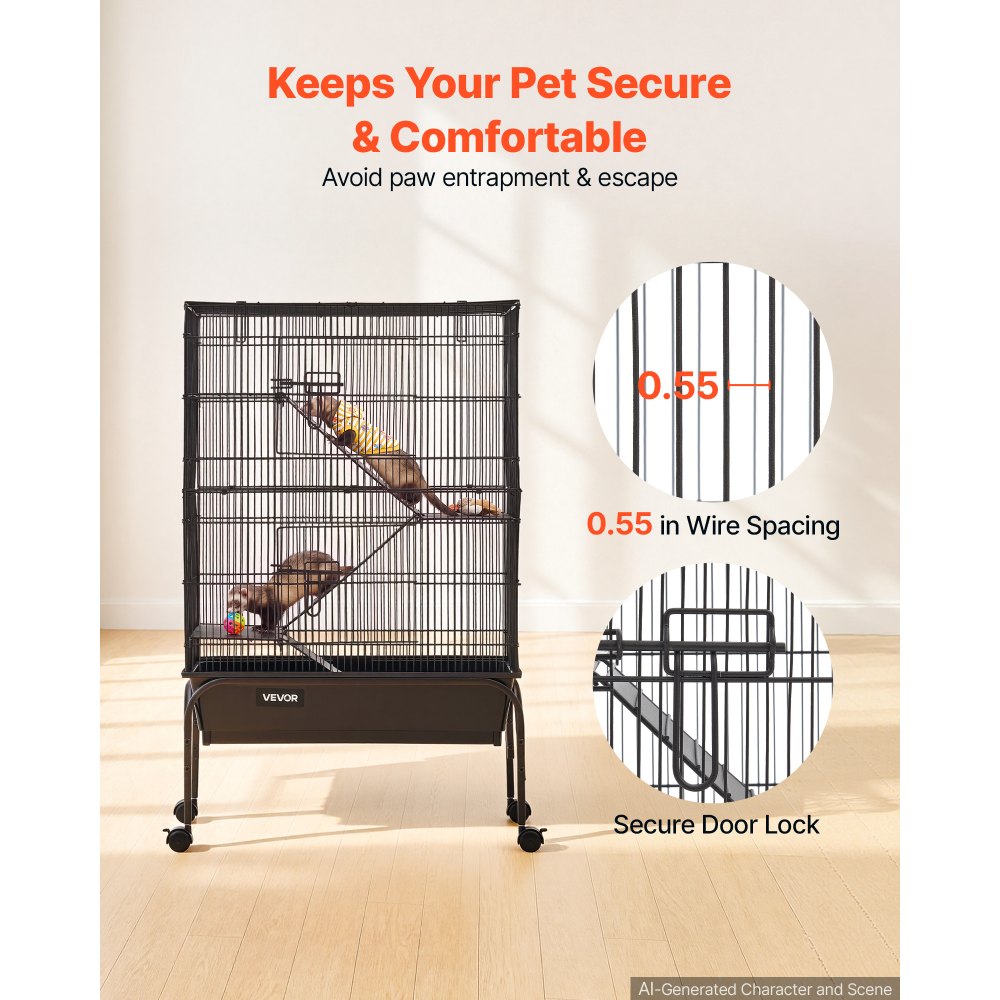 VEVOR Metal Small Animal Cage 39.8"H 3-Tier Rolling Ferret Cage On Wheels, 0.55" Wire Spacing Large Cages with Hammock, Ramps, Tray & Doors for Ferret, Chinchilla, Sugar Glider, Guinea Pig & Rabbit