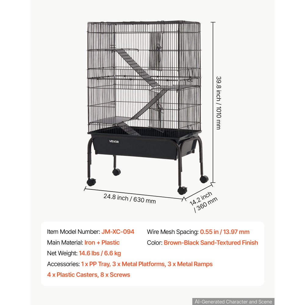 VEVOR Metal Small Animal Cage 39.8"H 3-Tier Rolling Ferret Cage On Wheels, 0.55" Wire Spacing Large Cages with Hammock, Ramps, Tray & Doors for Ferret, Chinchilla, Sugar Glider, Guinea Pig & Rabbit