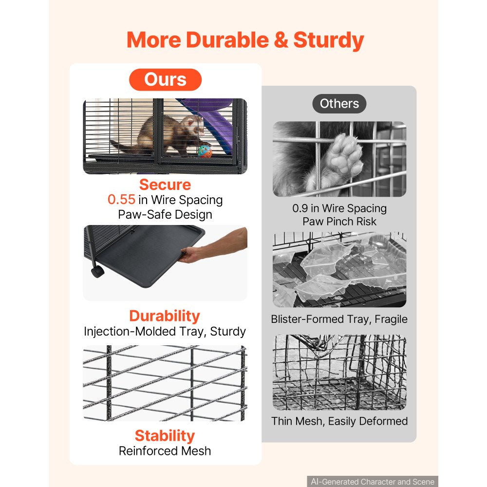 VEVOR Metal Small Animal Cage 37.8"H 3-Tier Rolling Ferret Cage On Wheels, 0.55" Wire Spacing Large Cages with Ramps, Platform, Tray & Doors for Ferret, Chinchilla, Sugar Glider, Guinea Pig & Rabbit