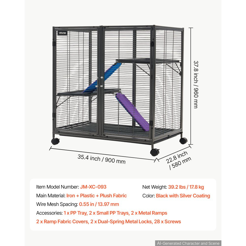 VEVOR Metal Small Animal Cage 37.8"H 3-Tier Rolling Ferret Cage On Wheels, 0.55" Wire Spacing Large Cages with Ramps, Platform, Tray & Doors for Ferret, Chinchilla, Sugar Glider, Guinea Pig & Rabbit