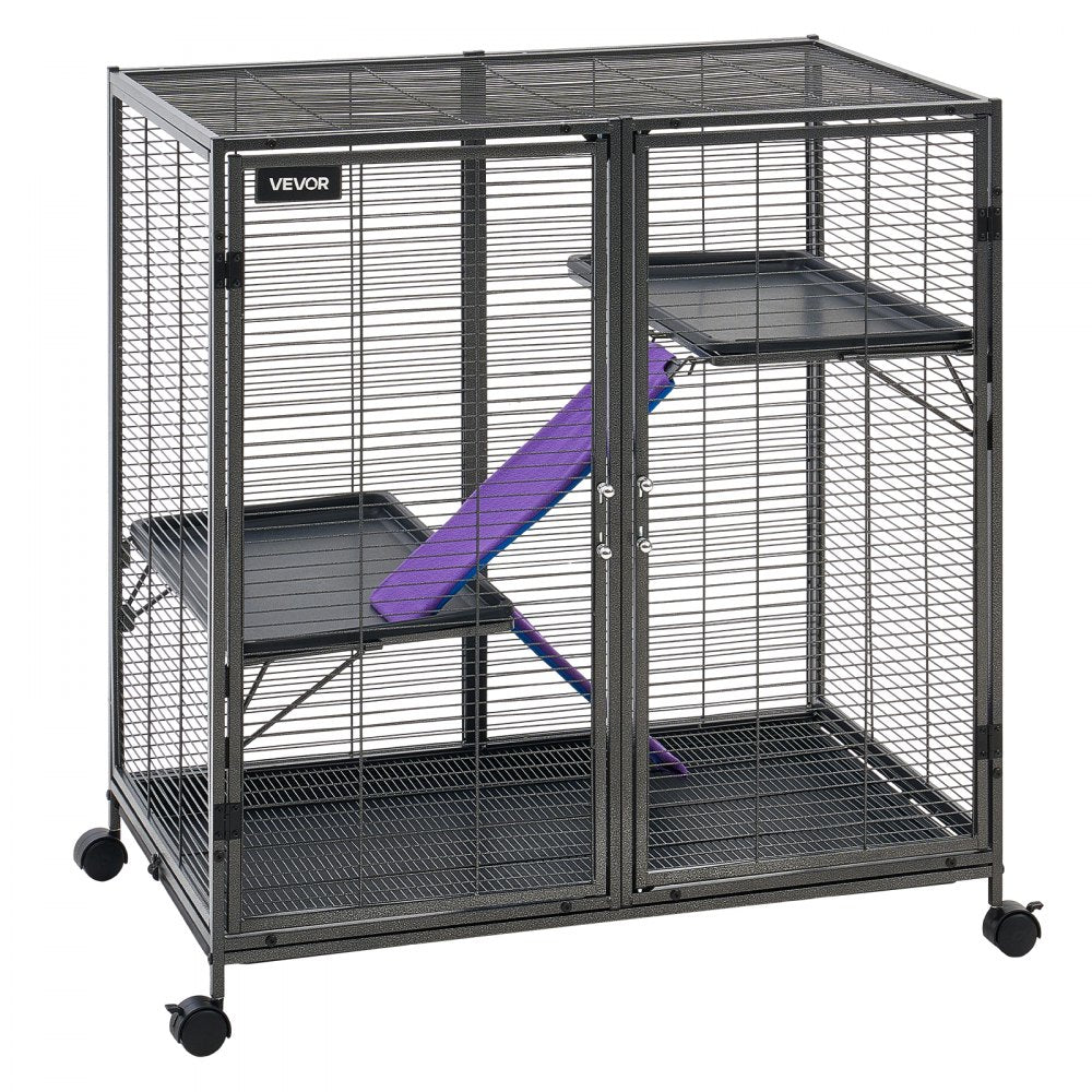 VEVOR Metal Small Animal Cage 37.8"H 3-Tier Rolling Ferret Cage On Wheels, 0.55" Wire Spacing Large Cages with Ramps, Platform, Tray & Doors for Ferret, Chinchilla, Sugar Glider, Guinea Pig & Rabbit