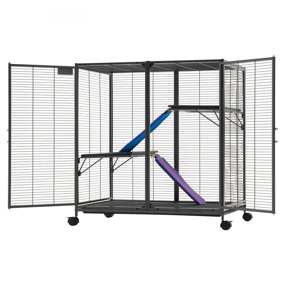VEVOR Metal Small Animal Cage 37.8"H 3-Tier Rolling Ferret Cage On Wheels, 0.55" Wire Spacing Large Cages with Ramps, Platform, Tray & Doors for Ferret, Chinchilla, Sugar Glider, Guinea Pig & Rabbit