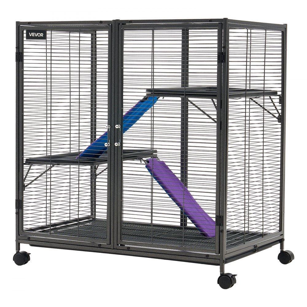 VEVOR Metal Small Animal Cage 37.8"H 3-Tier Rolling Ferret Cage On Wheels, 0.55" Wire Spacing Large Cages with Ramps, Platform, Tray & Doors for Ferret, Chinchilla, Sugar Glider, Guinea Pig & Rabbit