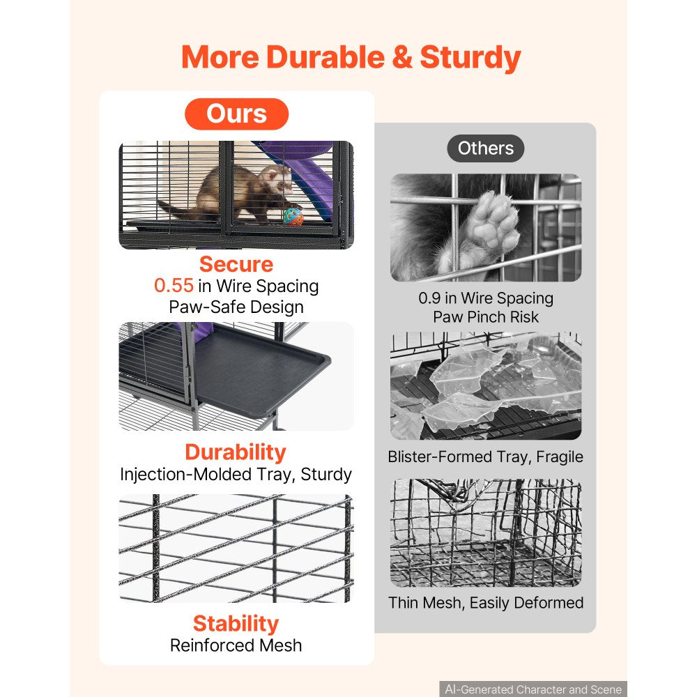 VEVOR Metal Small Animal Cage 54.3"H 4-Tier Rolling Ferret Cage On Wheels, 0.55" Wire Spacing Large Cages with Hammock, Ramps, Tray & Doors for Ferret, Chinchilla, Sugar Glider, Guinea Pig & Rabbit