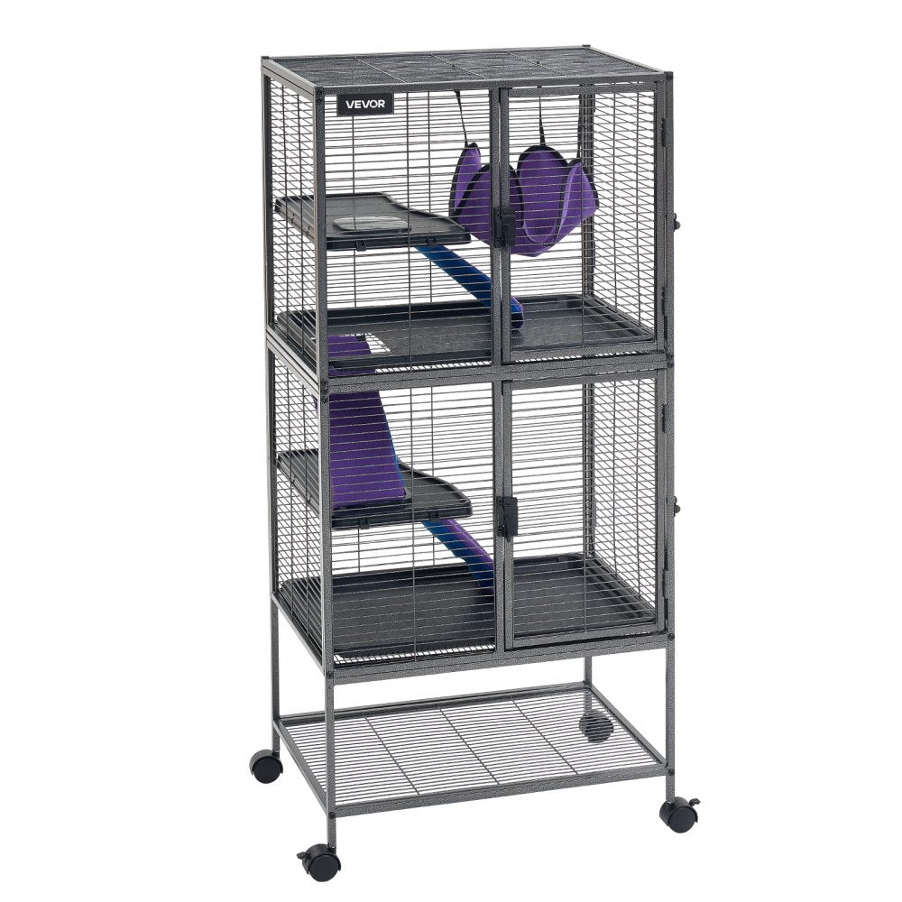 VEVOR Metal Small Animal Cage 54.3"H 4-Tier Rolling Ferret Cage On Wheels, 0.55" Wire Spacing Large Cages with Hammock, Ramps, Tray & Doors for Ferret, Chinchilla, Sugar Glider, Guinea Pig & Rabbit