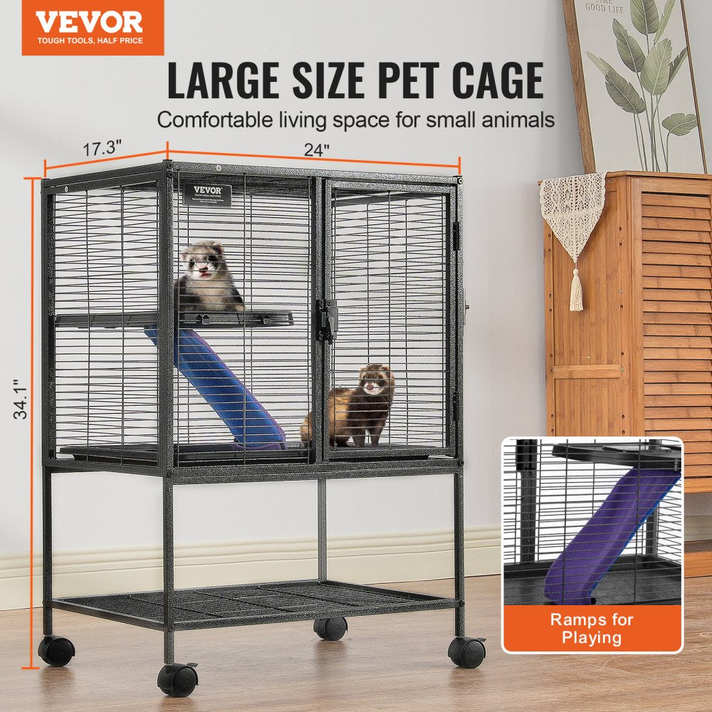 VEVOR 34" Rolling Metal Ferret Cage, Large 2-Tier  Cage, Small Animal Cage with Ramps & Tray, Easy to Set up for Pet Rats, Hamster, Guinea Pig, Chinchilla, Squirrel, Hedgehogs, Bunny
