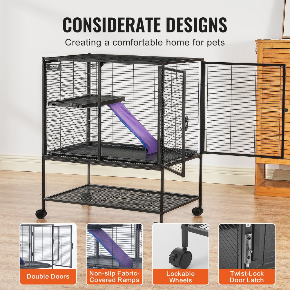 VEVOR 34" Rolling Metal Ferret Cage, Large 2-Tier  Cage, Small Animal Cage with Ramps & Tray, Easy to Set up for Pet Rats, Hamster, Guinea Pig, Chinchilla, Squirrel, Hedgehogs, Bunny
