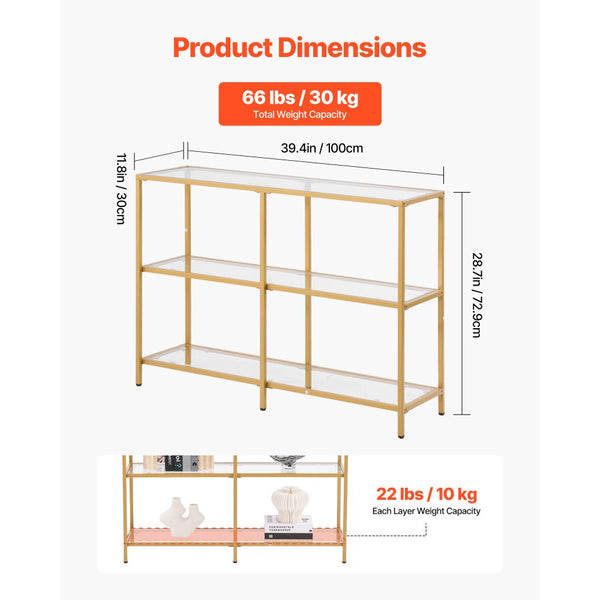 Vevor Console Table 3-Tier Tempered Glass Sofa Side Table Gold 39.4" N ...