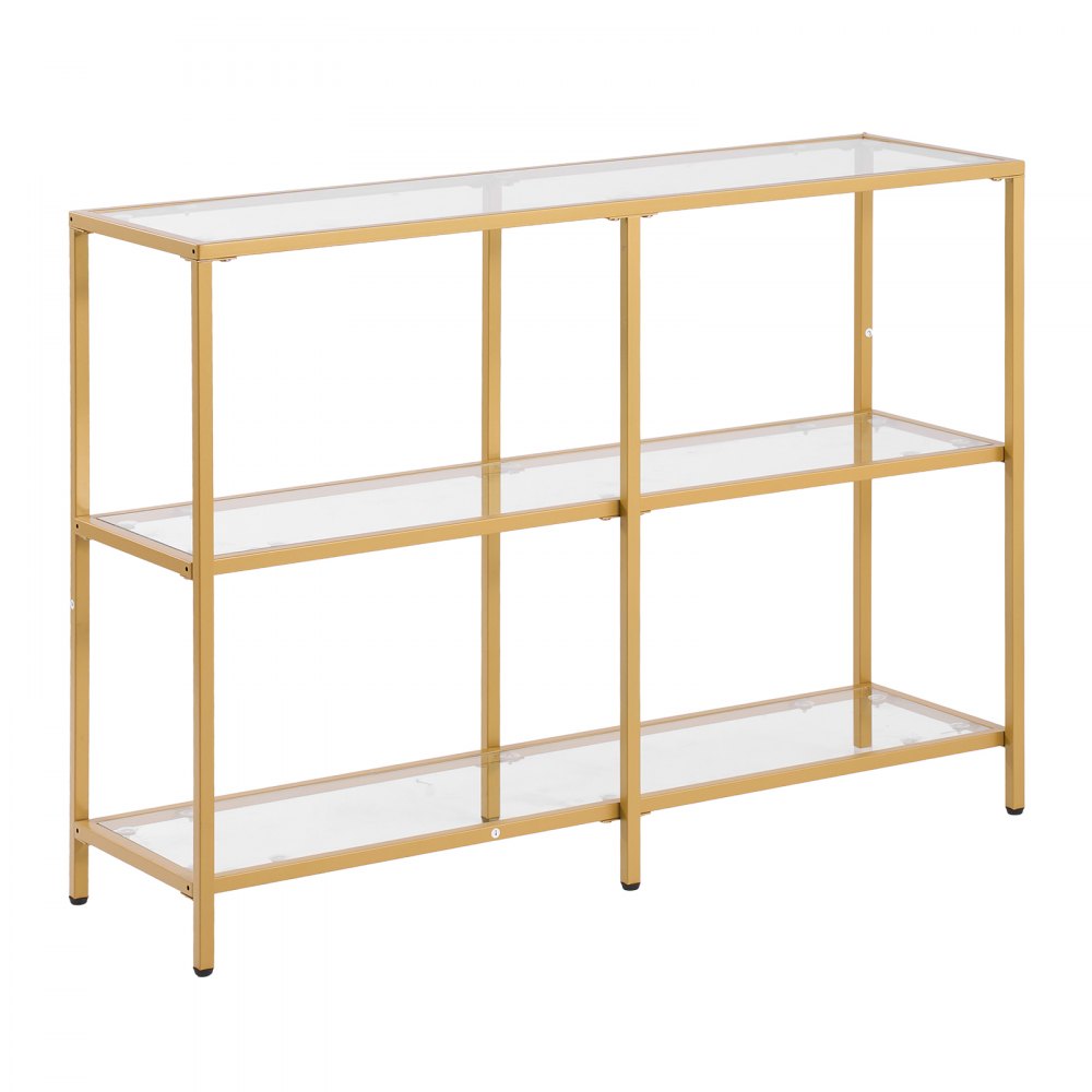 VEVOR 3-Tier Glass Console Table, Modern Rectangle Sofa Side Table with Tempered Glass Top and Iron Legs, Golden Consloe Desk with Anti-Tip Device for Living Room, Hallway, Entryway, Foyer, Golden