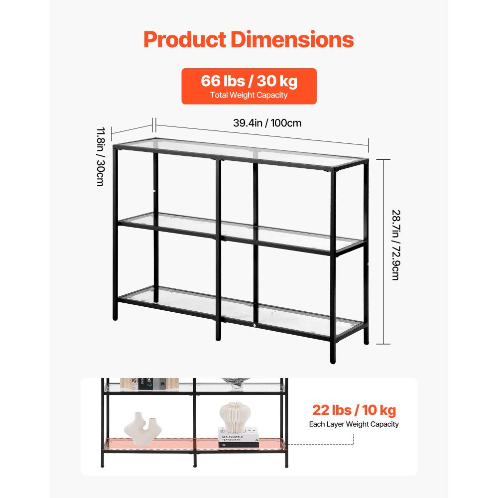 VEVOR 3-Tier Glass Console Table, Modern Rectangle Sofa Side Table with Tempered Glass Top and Iron Legs, Golden Consloe Desk with Anti-Tip Device for Living Room, Hallway, Entryway, Foyer, Black
