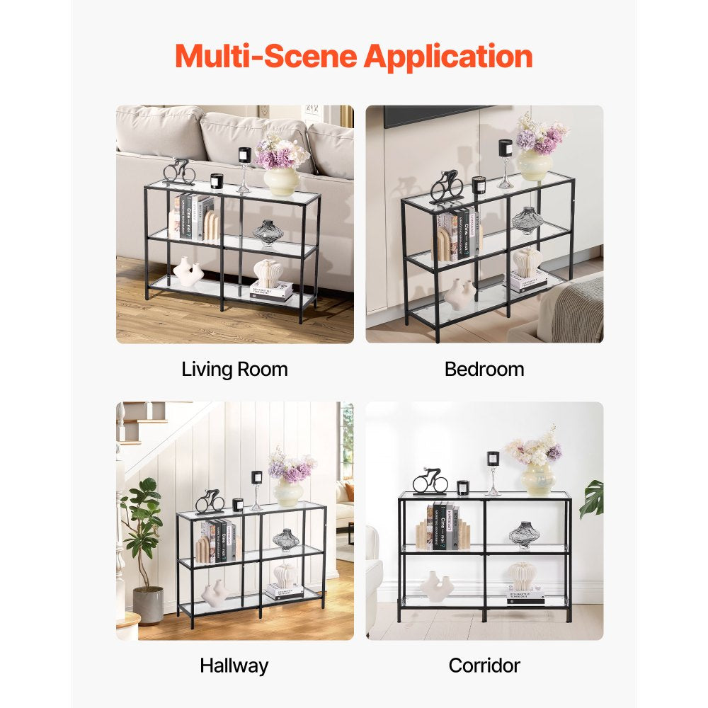 VEVOR 3-Tier Glass Console Table, Modern Rectangle Sofa Side Table with Tempered Glass Top and Iron Legs, Golden Consloe Desk with Anti-Tip Device for Living Room, Hallway, Entryway, Foyer, Black
