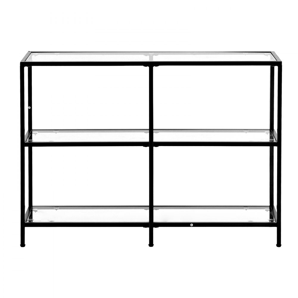 VEVOR 3-Tier Glass Console Table, Modern Rectangle Sofa Side Table with Tempered Glass Top and Iron Legs, Golden Consloe Desk with Anti-Tip Device for Living Room, Hallway, Entryway, Foyer, Black