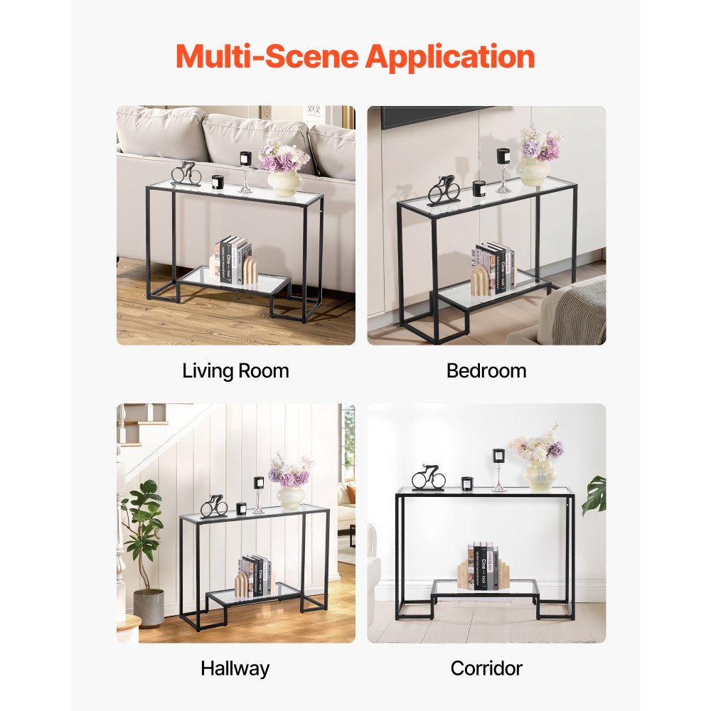 VEVOR 2-Tier Glass Console Table, Modern Rectangle Sofa Side Table with Tempered Glass Top and Iron Legs, Golden Consloe Desk with Anti-Tip Device for Living Room, Hallway, Entryway, Foyer, Black