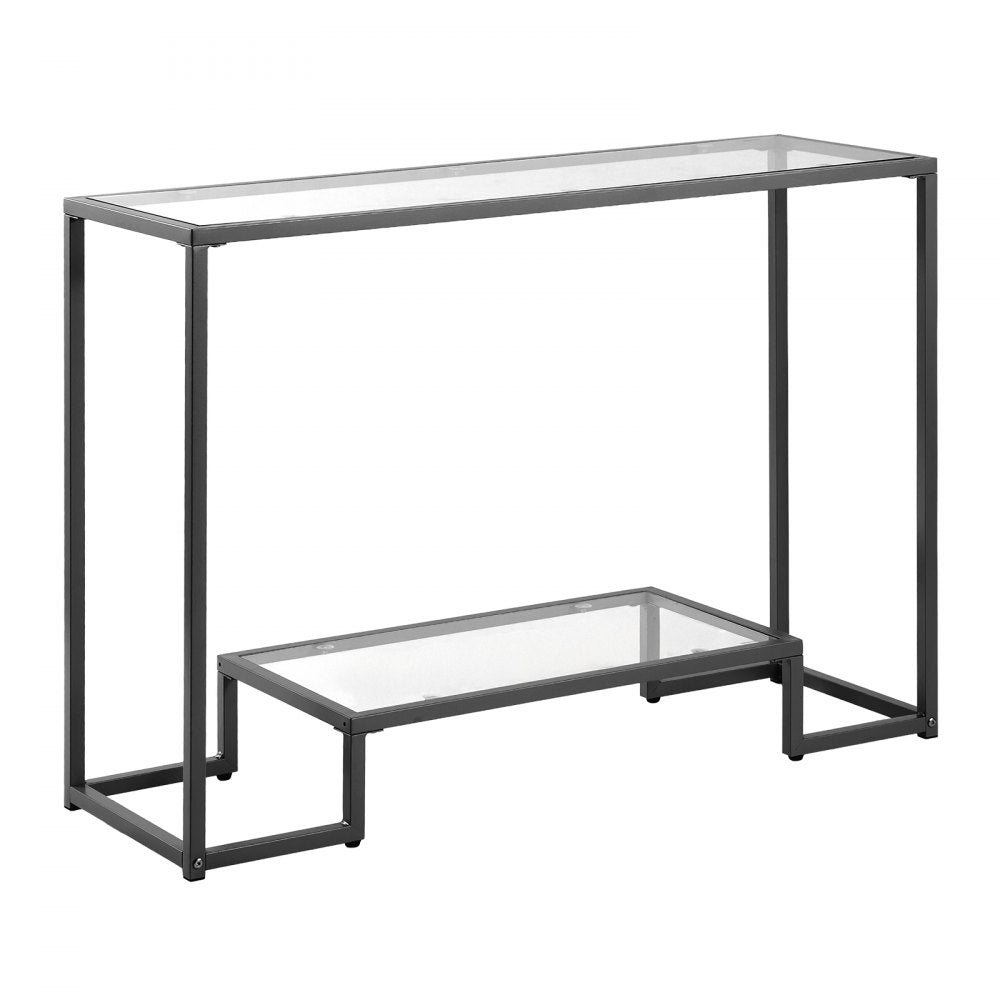 VEVOR 2-Tier Glass Console Table, Modern Rectangle Sofa Side Table with Tempered Glass Top and Iron Legs, Golden Consloe Desk with Anti-Tip Device for Living Room, Hallway, Entryway, Foyer, Black