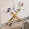 VEVOR Glass Coffee Table, Modern Rectangle Sofa Side Table with Tempered Glass Top & Iron Cross-Legs, Golden Geometric Consloe Desk with Adjustable Anti-slip Foot Pads for Living Room, Entryway, Foyer