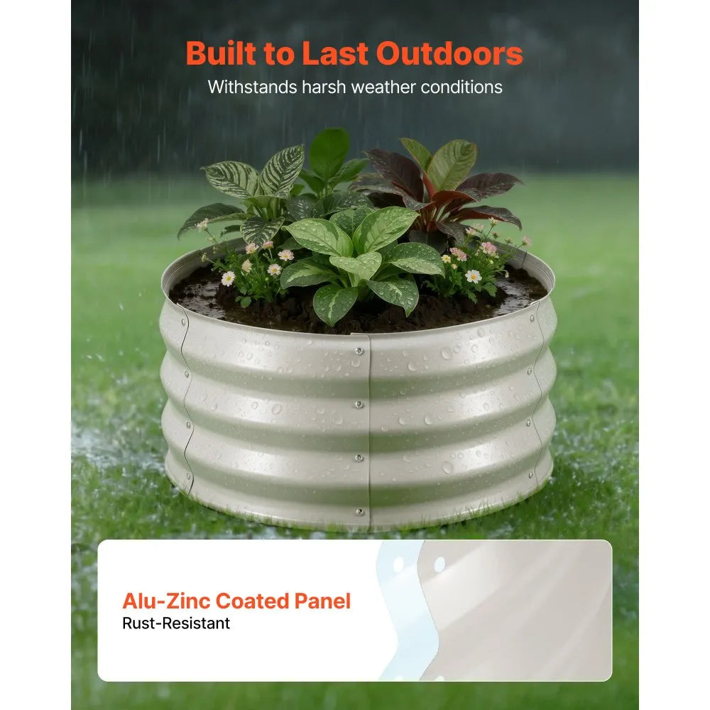 VEVOR 3 Pcs Galvanized Raised Garden Beds, 2 x 2 x 1 ft, Round Metal Planter Boxes Kit Outdoor, Bottomless Elevated Garden Boxes with Gloves, Alu-Zinc, for Planting Flowers Vegetables Herbs, Beige