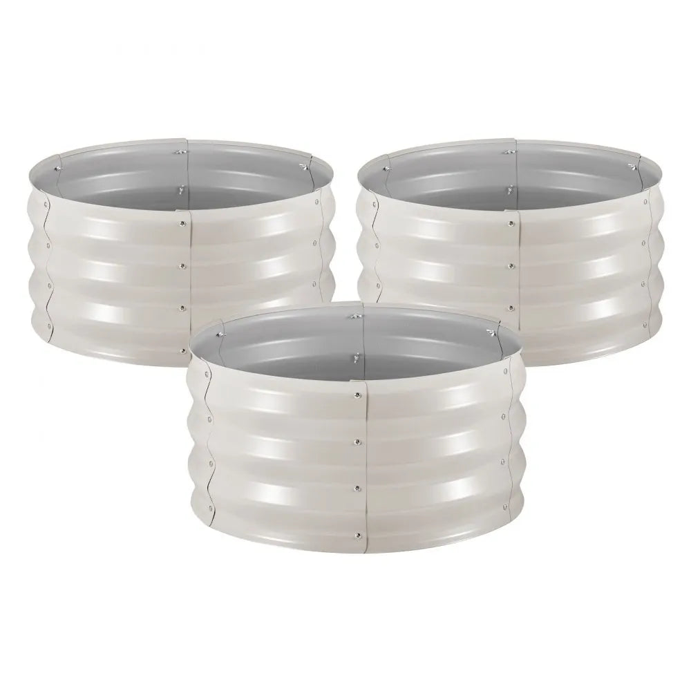 VEVOR 3 Pcs Galvanized Raised Garden Beds, 2 x 2 x 1 ft, Round Metal Planter Boxes Kit Outdoor, Bottomless Elevated Garden Boxes with Gloves, Alu-Zinc, for Planting Flowers Vegetables Herbs, Beige