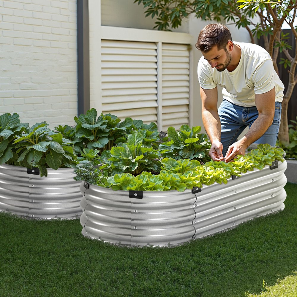 VEVOR Metal Raised Garden Bed, 4 x 2 x 1 ft Outdoor Galvanized Planter Box, with Open Bottom, Large Oval Planter Raised Bed for Gardening Vegetables, Flowers, Herbs, and Succulent Plants, Silver