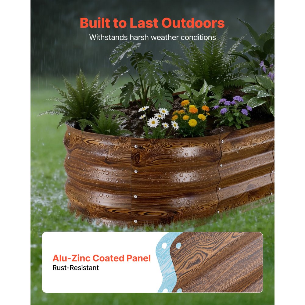 VEVOR 2 Pack Galvanized Raised Garden Beds, 4 x 2 x 1 ft, Oval Metal Planter Boxes Kit Outdoor, Bottomless Elevated Garden Box with Gloves, Alu-Zinc, for Planting Flowers Vegetables, Deep Wood Grain