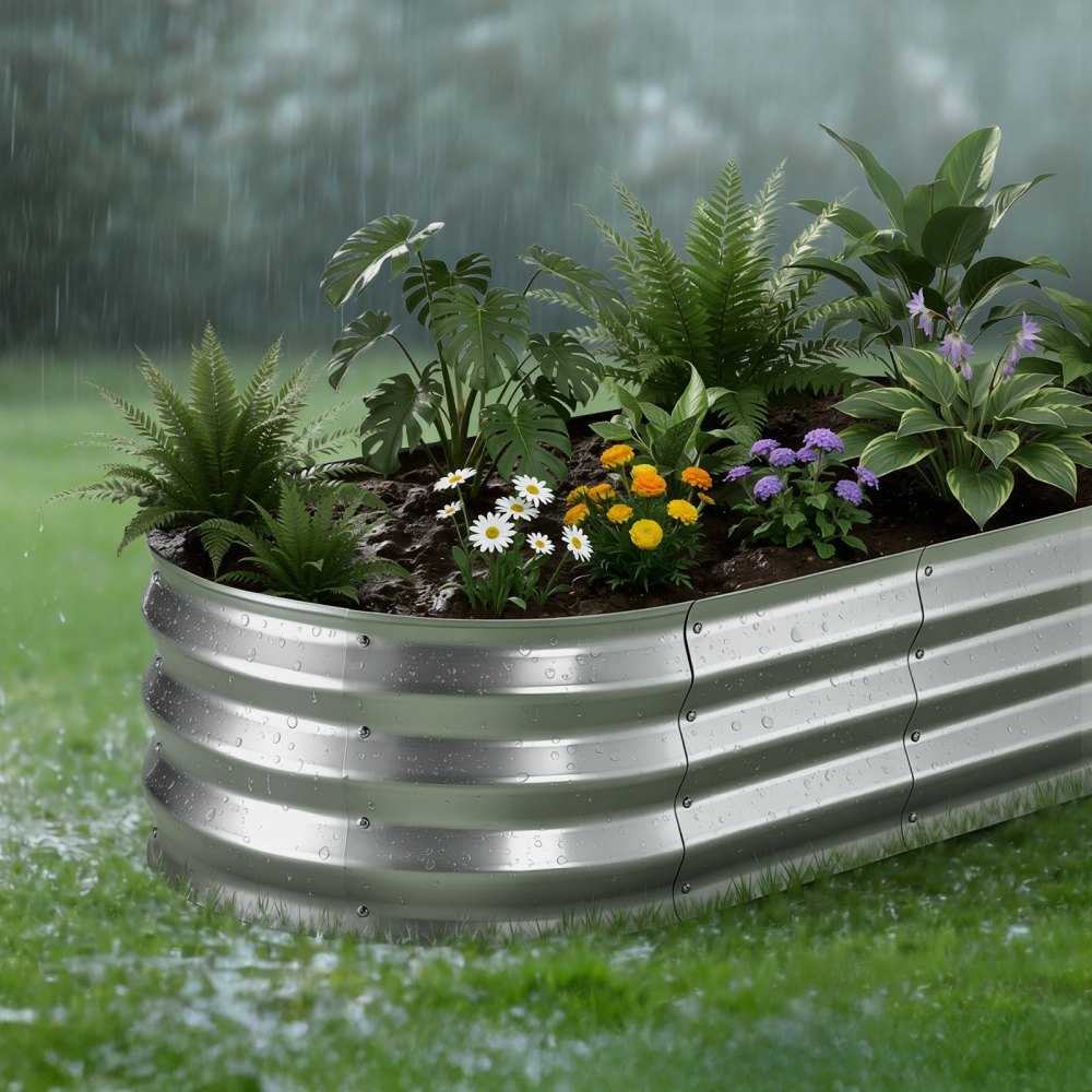 VEVOR 2 Pack Galvanized Raised Garden Beds, 4 x 2 x 1 ft, Oval Metal Planter Boxes Kit Outdoor, Bottomless Elevated Garden Box with Gloves, Alu-Zinc, for Planting Flowers Fruits Vegetables, Silver