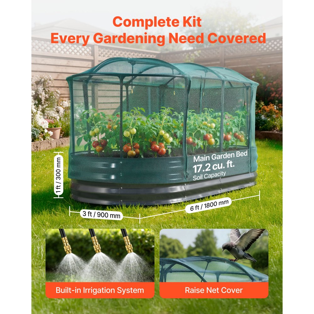 VEVOR Galvanized Raised Garden Bed, 6 x 3 x 1 ft, with Self Watering System and Mesh Cover, Oval Metal Planter Box Kit Outdoor, Rustproof Alu-Zinc, for Planting Flowers Fruits Vegetables, Dark Gray