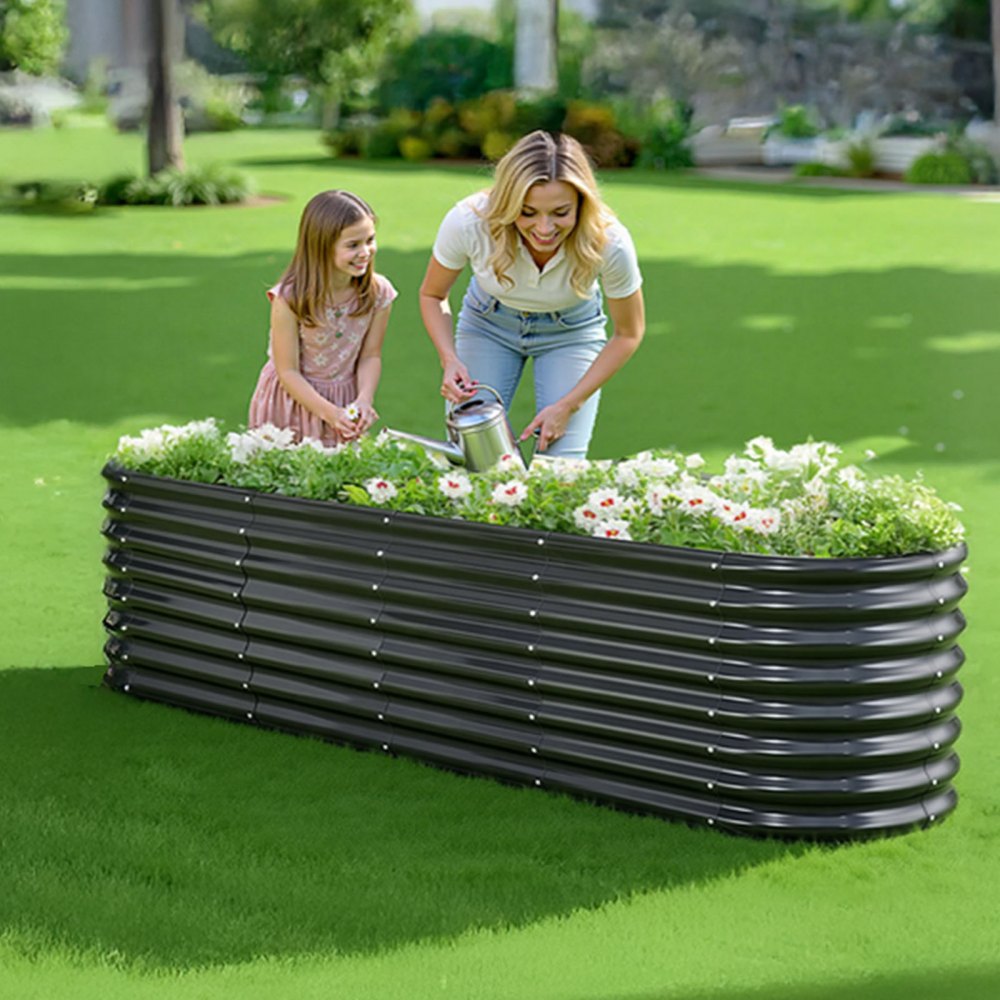 VEVOR Metal Raised Garden Bed, 8 x 2 x 2 ft Oval Outdoor Galvanized Planter Garden Box, Open Bottom Design, Large Planter Raised Bed for Growing Vegetables, Flowers, Herbs, and Succulents, Dark Gray