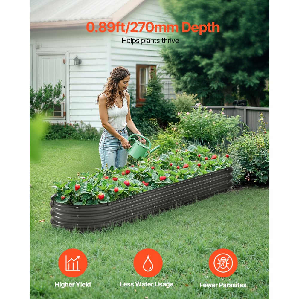 VEVOR Metal Raised Garden Bed, 8 x 2 x 1 ft Outdoor Galvanized Planter Box, with Open Bottom, Large Oval Planter Raised Bed for Gardening Vegetables, Flowers, Herbs, and Succulent Plants, Dark Gray
