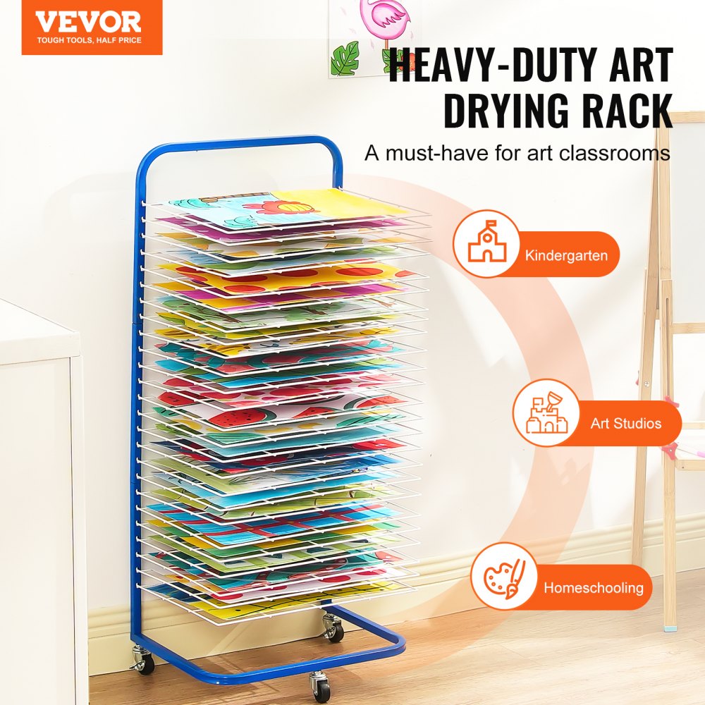 VEVOR Art Drying Rack, 25 Removable Shelves 17 x 13 x 39.4 inch Paint Drying Rack With Lockable Wheels, Carbon Steel Painting Drying Rack for Artwork in Classroom, Art Studios and Schools, Blue+White