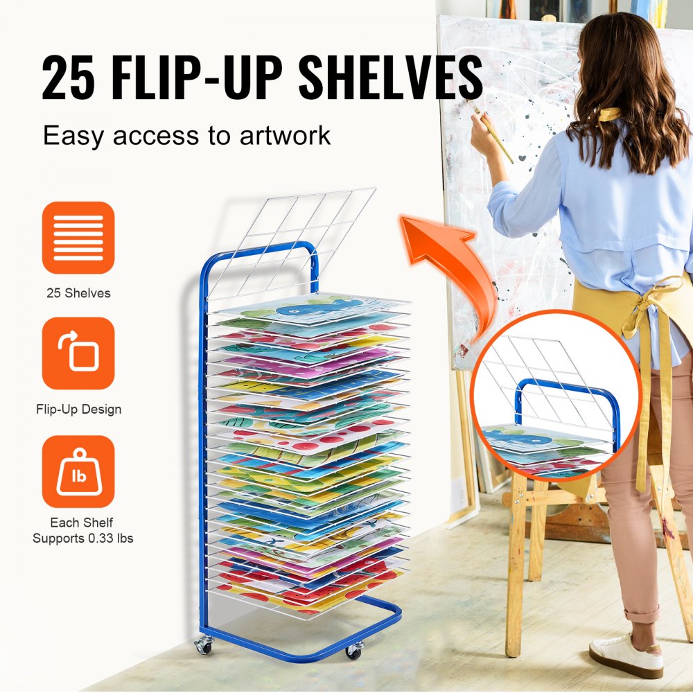 VEVOR Art Drying Rack, 25 Removable Shelves 17 x 13 x 39.4 inch Paint Drying Rack With Lockable Wheels, Carbon Steel Painting Drying Rack for Artwork in Classroom, Art Studios and Schools, Blue+White