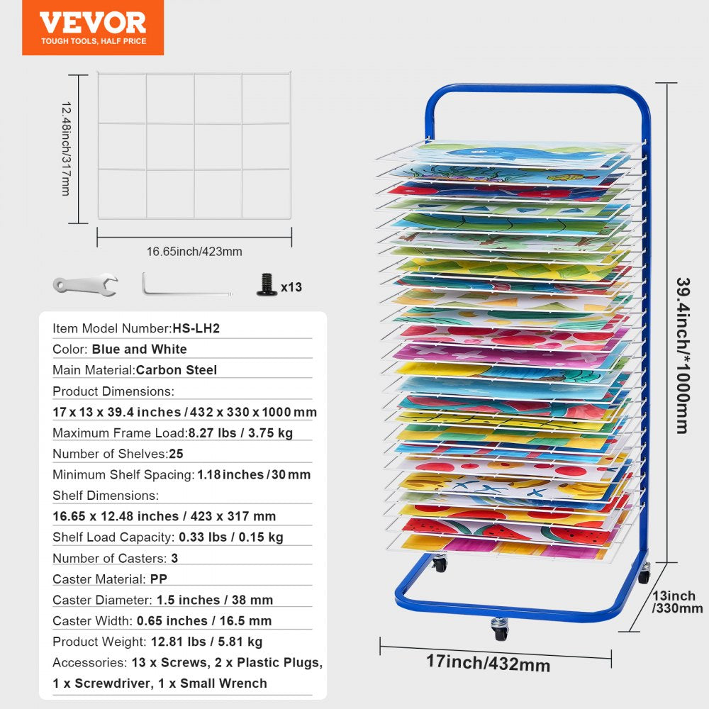 VEVOR Art Drying Rack, 25 Removable Shelves 17 x 13 x 39.4 inch Paint Drying Rack With Lockable Wheels, Carbon Steel Painting Drying Rack for Artwork in Classroom, Art Studios and Schools, Blue+White