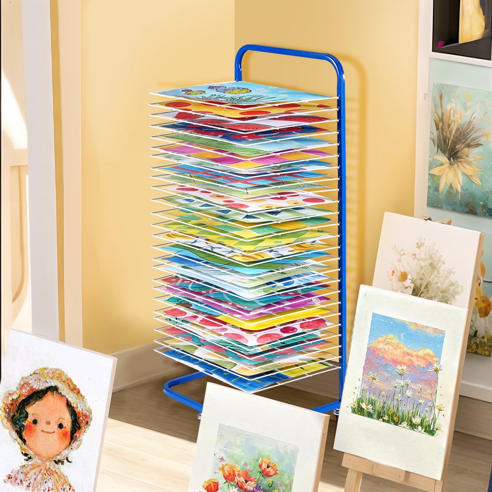 VEVOR Art Drying Rack, 25 Removable Shelves 17 x 13 x 39.4 inch Paint Drying Rack With Lockable Wheels, Carbon Steel Painting Drying Rack for Artwork in Classroom, Art Studios and Schools, Blue+White
