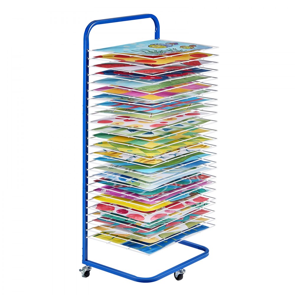 VEVOR Art Drying Rack, 25 Removable Shelves 17 x 13 x 39.4 inch Paint Drying Rack With Lockable Wheels, Carbon Steel Painting Drying Rack for Artwork in Classroom, Art Studios and Schools, Blue+White