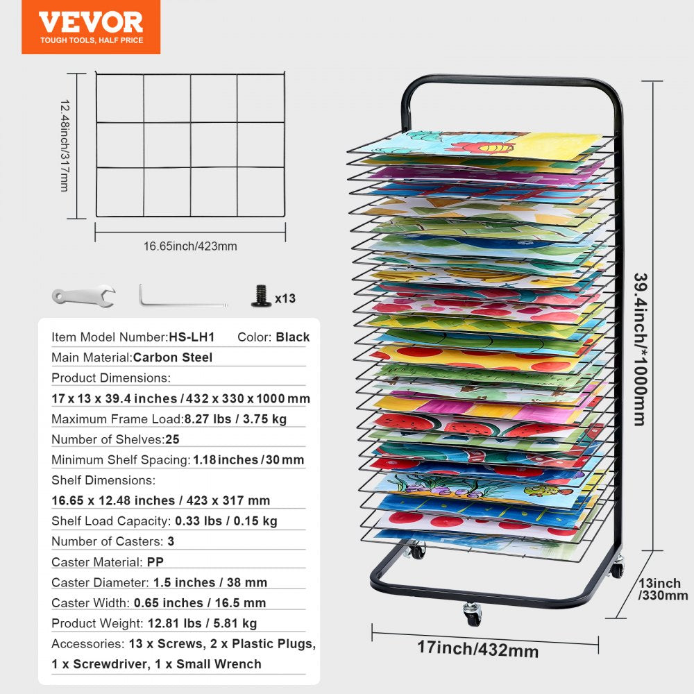 VEVOR Art Drying Rack, 25 Removable Shelves 17 x 13 x 39.4 inch Paint Drying Rack With Lockable Wheels, Carbon Steel Painting Drying Rack for Artwork in Classroom, Art Studios and Schools, Black
