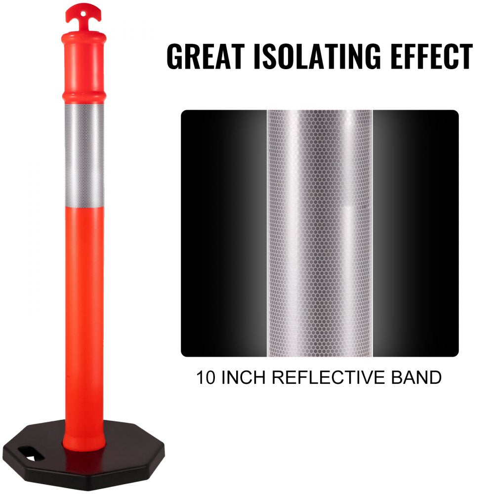 VEVOR 3Pack Traffic Delineator Posts 44 Inch Height, Orange Delineator Cones with Rubber Base 16 inch, PE Delineator Post Kit 10 inch Reflective Band for Construction Sites, Facility Management etc.