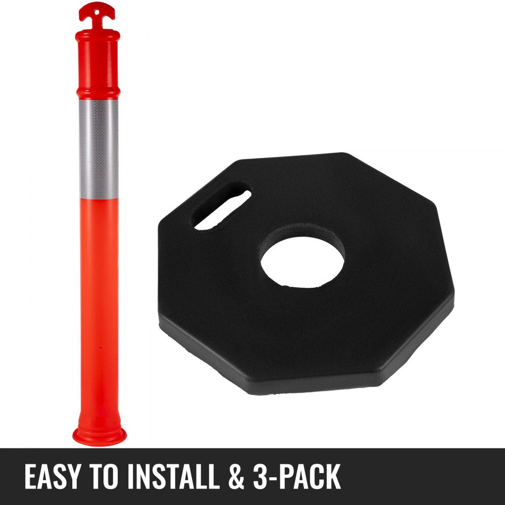 VEVOR 3Pack Traffic Delineator Posts 44 Inch Height, Orange Delineator Cones with Rubber Base 16 inch, PE Delineator Post Kit 10 inch Reflective Band for Construction Sites, Facility Management etc.