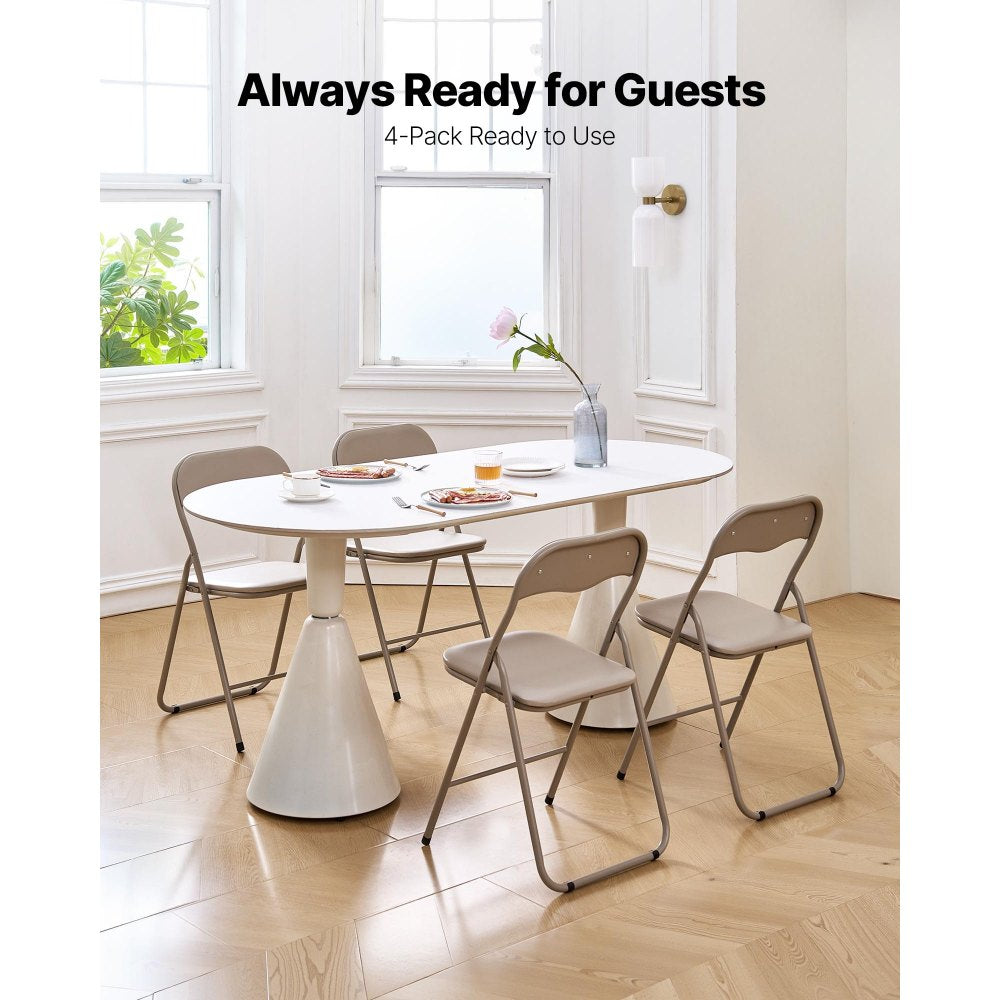VEVOR 4 Pack Folding Chairs, Foldable Leather Chairs with Heavy Duty Metal Frame & Padded Cushion, Portable Folding Card Table Chairs, Stackable Seats for Home, Yard, Garden, Parties, Events, Khaki