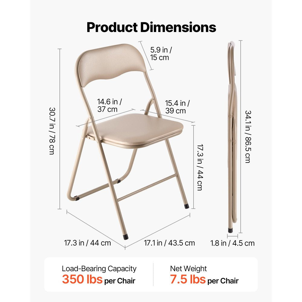 VEVOR 4 Pack Folding Chairs, Foldable Leather Chairs with Heavy Duty Metal Frame & Padded Cushion, Portable Folding Card Table Chairs, Stackable Seats for Home, Yard, Garden, Parties, Events, Khaki