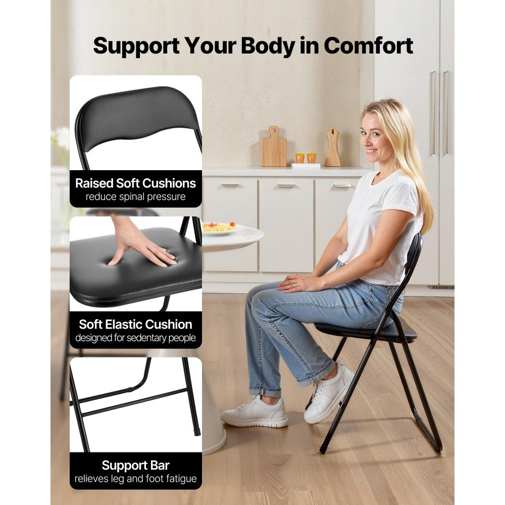 VEVOR 4 Pack Folding Chairs, Foldable Leather Chairs with Heavy Duty Metal Frame & Padded Cushion, Portable Folding Card Table Chairs, Stackable Seats for Home, Yard, Garden, Parties, Events, Black