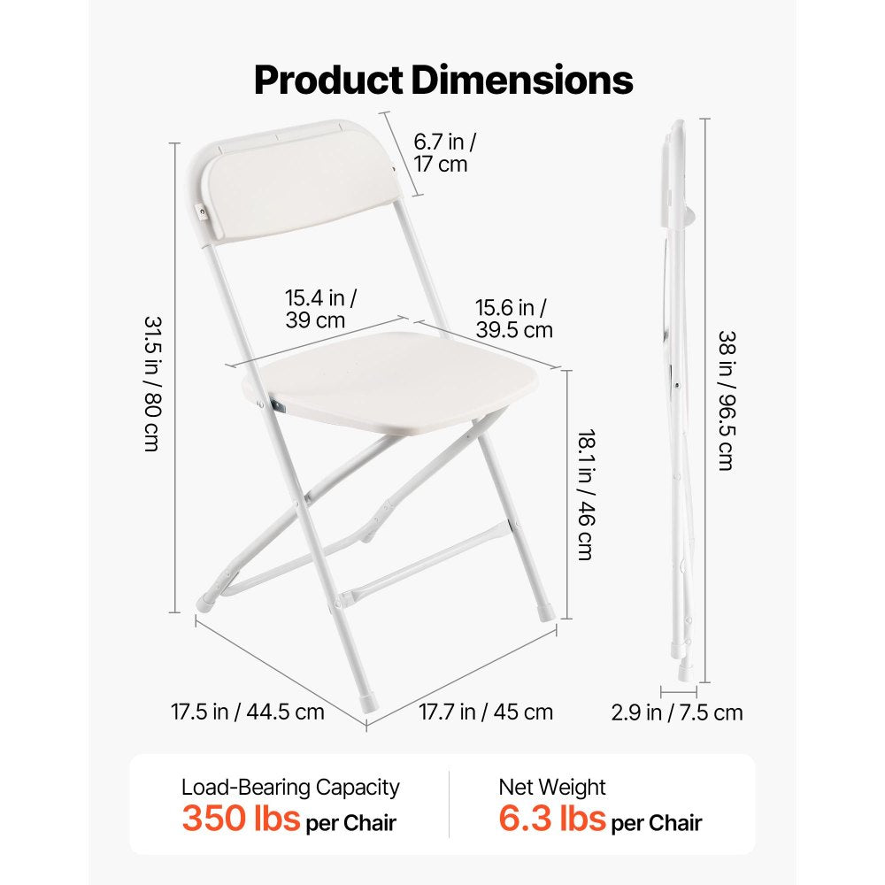 VEVOR 6 Pack Folding Chairs, Foldable Plastic Chairs with Heavy Duty Metal Frame, Portable Folding Card Table Chairs, Stackable Indoor Outdoor Seats for Home, Yard, Garden, Parties, Events, White