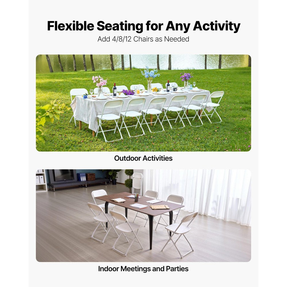 VEVOR 6 Pack Folding Chairs, Foldable Plastic Chairs with Heavy Duty Metal Frame, Portable Folding Card Table Chairs, Stackable Indoor Outdoor Seats for Home, Yard, Garden, Parties, Events, White