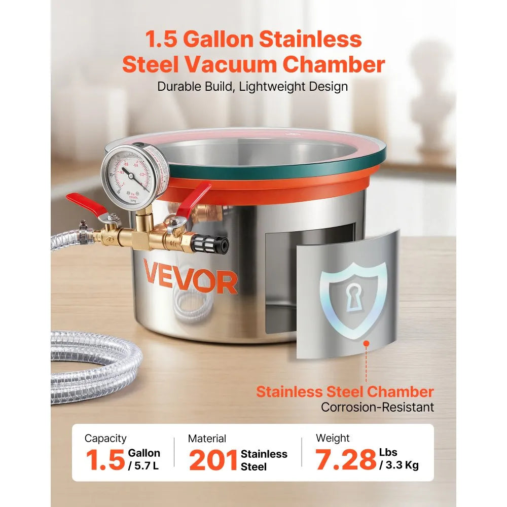 VEVOR 1.5 Gallon Vacuum Chamber, Stainless Steel, Vacuum Degassing Chamber with Tempered Glass Lid, Hose, Air Filter, for Resin Casting, Stabilizing Wood, Degassing Silicone, Epoxies, Essential Oils