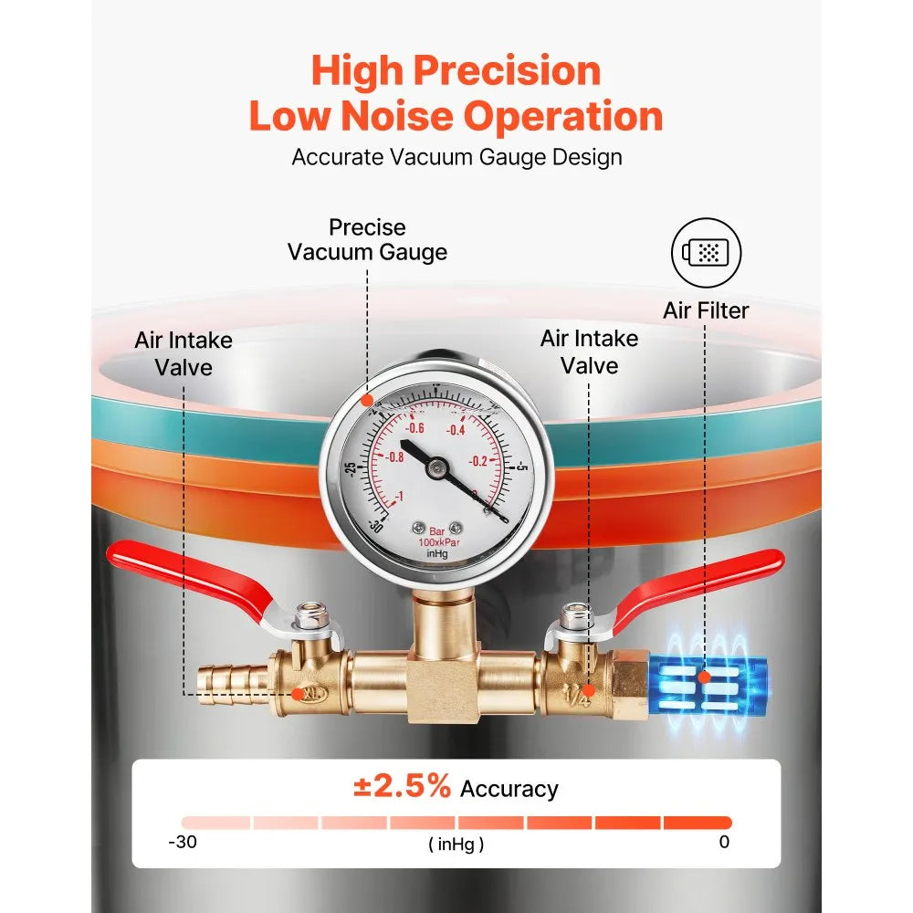 VEVOR 1.5 Gallon Vacuum Chamber, Stainless Steel, Vacuum Degassing Chamber with Tempered Glass Lid, Hose, Air Filter, for Resin Casting, Stabilizing Wood, Degassing Silicone, Epoxies, Essential Oils