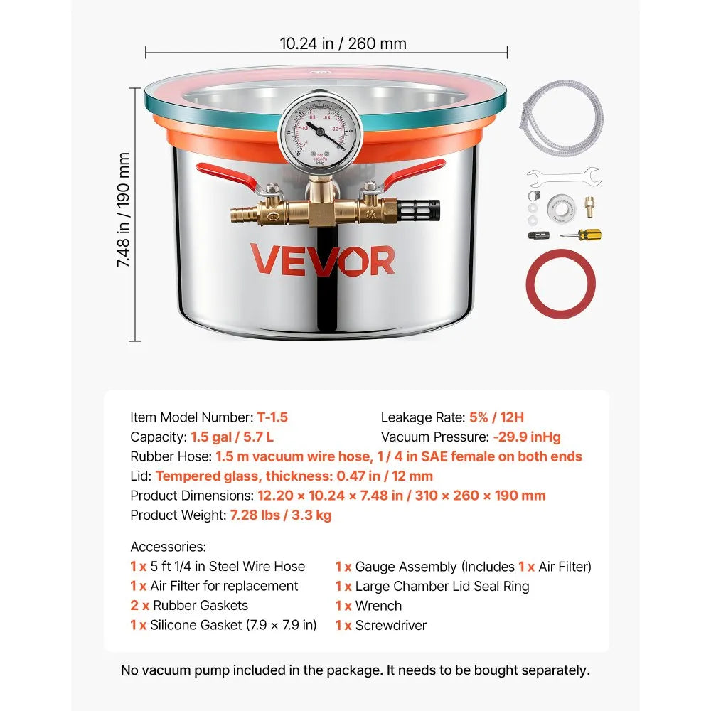 VEVOR 1.5 Gallon Vacuum Chamber, Stainless Steel, Vacuum Degassing Chamber with Tempered Glass Lid, Hose, Air Filter, for Resin Casting, Stabilizing Wood, Degassing Silicone, Epoxies, Essential Oils